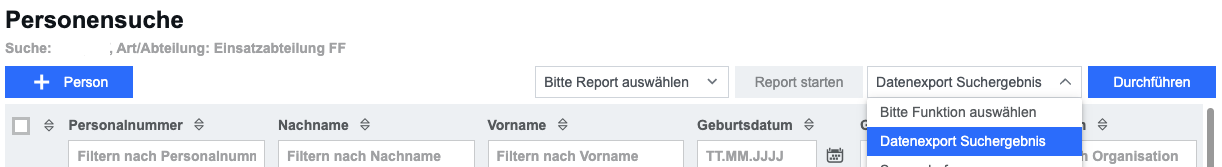 FeuerON Personensuche mit Funktionsauswahl